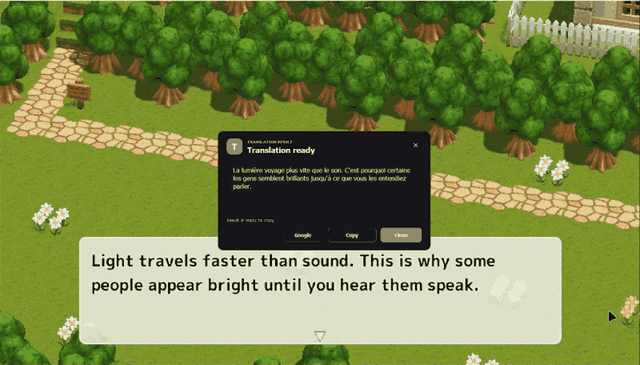 Sélection d'un dialogue dans un jeu et affichage de sa traduction avec Click'n'Translate