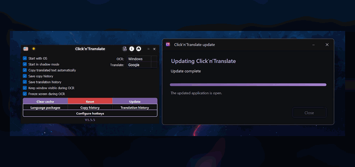Téléchargement et installation d'une mise à jour Click'n'Translate dans l'application